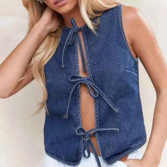 Blue Casual Women's Tie Detail Open Front Sleeveless Denim Top - Picture 3 of 4